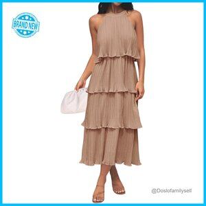 Chiffon Halter Midi Dress Elegant Tiered Ruffle Swing Formal Summer Chic